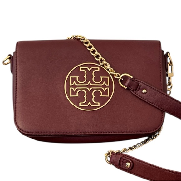 Tory Burch Reva Burgundy Leather Clutch Shoulder Bag with Gold Logo Accent - Picture 1 of 11